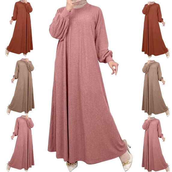 LEKWK Modest Dresses for Women Casual Long Sleeve Maxi Dress Crew Neck Abaya-Dress Loose Fit Pleated Flowy Muslim Dresses Elegant Prayer Clothing