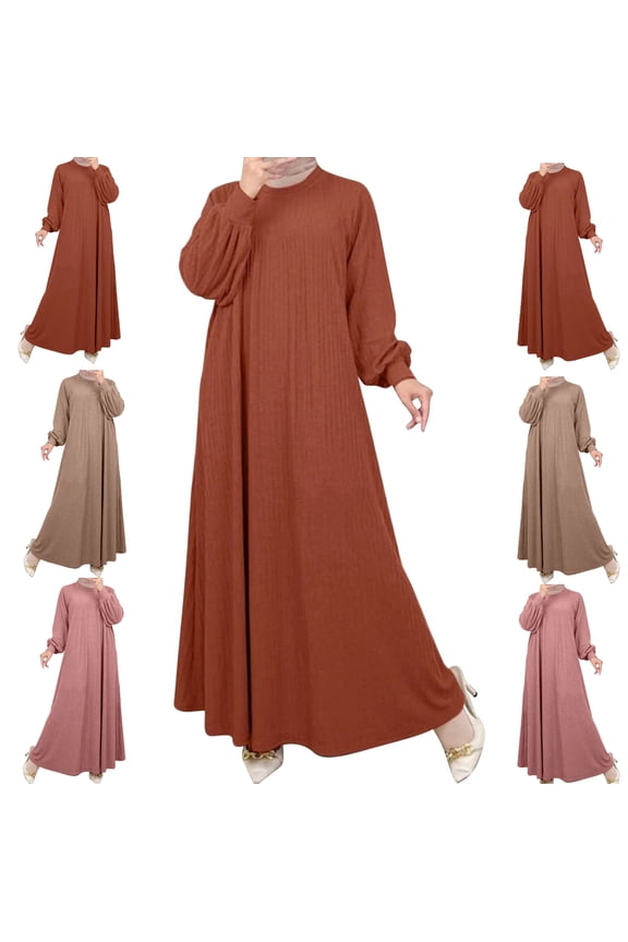 Modest Dresses for Women Casual Long Sleeve Maxi Dress Crew Neck Abaya-Dress Loose Fit Pleated Flowy Muslim Dresses Elegant Prayer Clothing