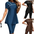 thumbnail image 1 of LEKWK Modest Swimsuits for Women Short Sleeve Swim Dress with Capri Pants Two Piece Bathing Suit Tummy Control Conservative Rash Guard Beachwear, 1 of 6