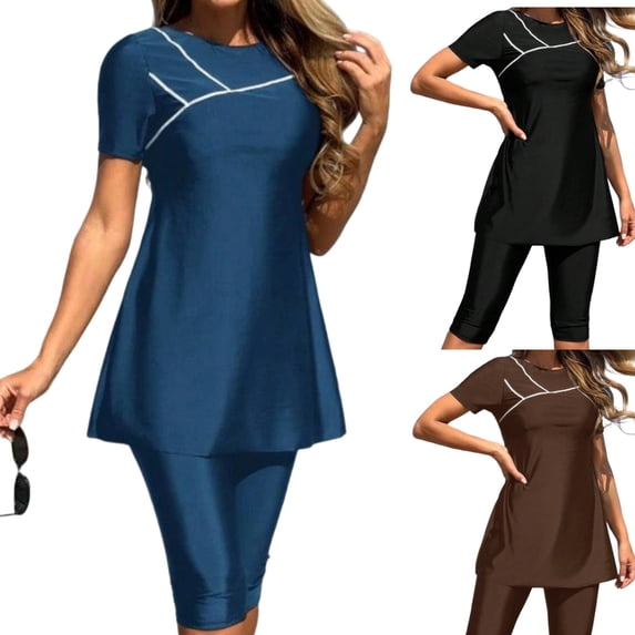 LEKWK Modest Swimsuits for Women Short Sleeve Swim Dress with Capri Pants Two Piece Bathing Suit Tummy Control Conservative Rash Guard Beachwear