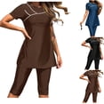 thumbnail image 1 of LEKWK Modest Swimsuits for Women Short Sleeve Swim Dress with Capri Pants Two Piece Bathing Suit Tummy Control Conservative Rash Guard Beachwear, 1 of 6