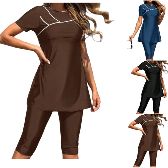 LEKWK Modest Swimsuits for Women Short Sleeve Swim Dress with Capri Pants Two Piece Bathing Suit Tummy Control Conservative Rash Guard Beachwear