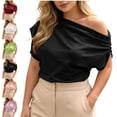 thumbnail image 1 of LEKWK Off the Shoulder Tops for Women Short Sleeve Crew Neck Ruched T-Shirt Loose Fit Solid Asymmetrical Blouses Summer Fashion Going Out Tops, 1 of 5