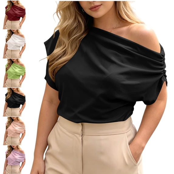 LEKWK Off the Shoulder Tops for Women Short Sleeve Crew Neck Ruched T-Shirt Loose Fit Solid Asymmetrical Blouses Summer Fashion Going Out Tops