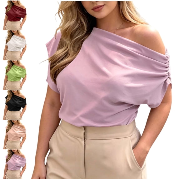 LEKWK Off the Shoulder Tops for Women Short Sleeve Crew Neck Ruched T-Shirt Loose Fit Solid Asymmetrical Blouses Summer Fashion Going Out Tops