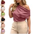 thumbnail image 1 of LEKWK Off the Shoulder Tops for Women Short Sleeve Crew Neck Ruched T-Shirt Loose Fit Solid Asymmetrical Blouses Summer Fashion Going Out Tops, 1 of 5