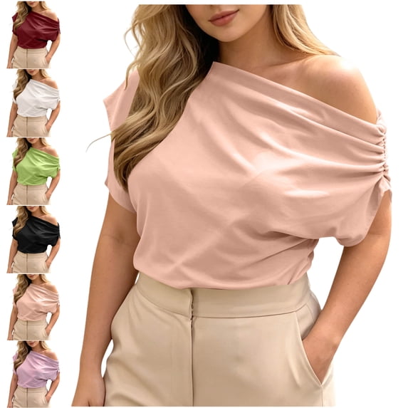 LEKWK Off the Shoulder Tops for Women Short Sleeve Crew Neck Ruched T-Shirt Loose Fit Solid Asymmetrical Blouses Summer Fashion Going Out Tops