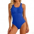 thumbnail image 1 of LEKWK One Piece Swimsuit Women Scalloped Trim Monokini Ribbed Texture Scoop Neck Modest Coverage One Piece Beachwear Swimming Summer Vacation, 1 of 6