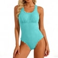 thumbnail image 1 of LEKWK One Piece Swimsuit Women Scalloped Trim Monokini Ribbed Texture Scoop Neck Modest Coverage One Piece Beachwear Swimming Summer Vacation, 1 of 6