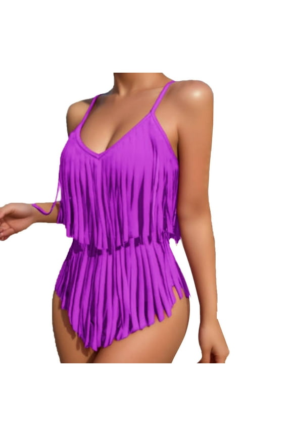 One Piece Swimsuit Women Tiered Fringe V-Neck Top Tummy Control Modest Bathing Suit for Tropical Holiday Family Pool Party