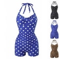 thumbnail image 1 of LEKWK One Piece Swimsuits for Women Polka-Dot Vintage Halter Monokini Ruched Tummy Control Bathing Suit Boyleg Shorts Retro Summer Beach Swimwear, 1 of 5