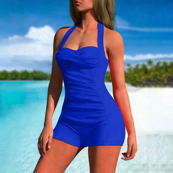 LEKWK One Piece Swimsuits for Women Vintage Halter Boyleg Shorts Monokini Ruched Tummy Control Bathing Suit Modest Retro Summer Beach Athletic Wear