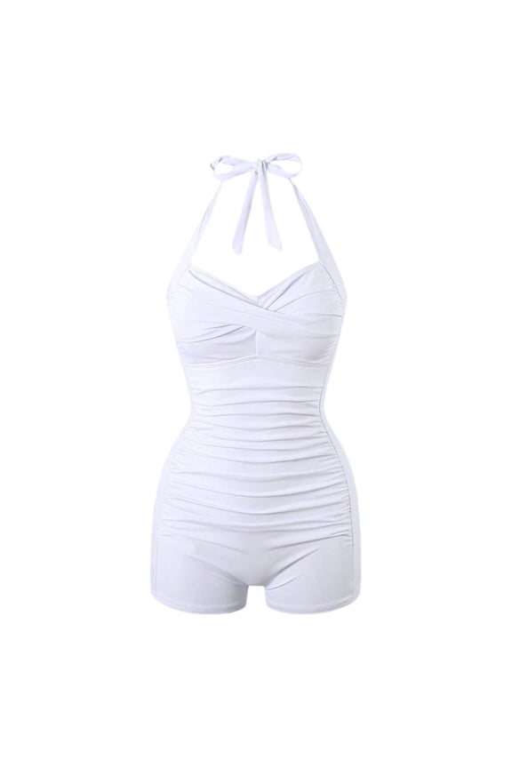 One Piece Swimsuits for Women Vintage Halter Ruched Tummy Control Monokini Boyleg Shorts Modest Bathing Suit Retro Summer Beach Swimwear