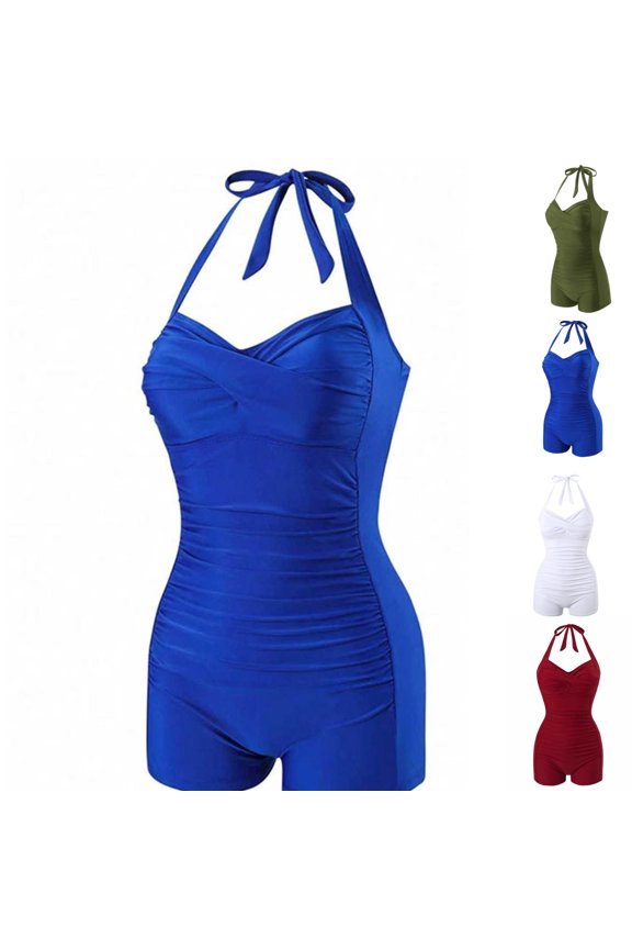 One Piece Swimsuits for Women Vintage Halter Ruched Tummy Control Monokini Boyleg Shorts Modest Bathing Suit Retro Summer Beach Swimwear