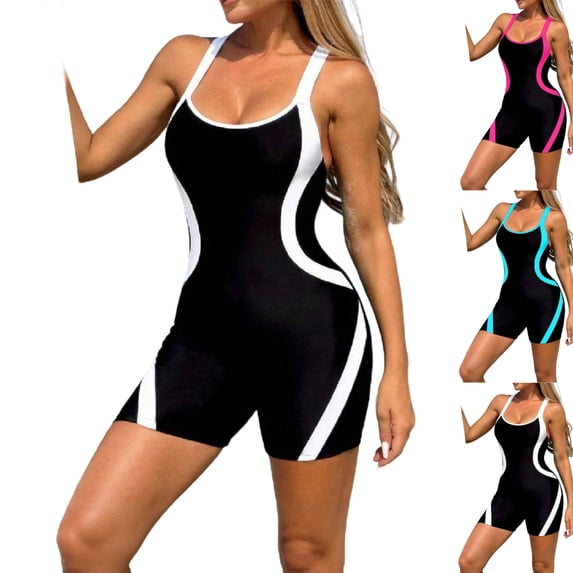LEKWK One Piece Swimsuits with Shorts for Women Athletic Color Block Boyleg Tummy Control Bathing Suits Summer Surfing Water Sports Beachwear