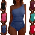 thumbnail image 1 of LEKWK One Shoulder Swimsuits for Women Scalloped Trim One Piece Bathing Suit Ruched Tummy Control Slimming Monokini Asymmetric Summer Beach Swimwear, 1 of 8