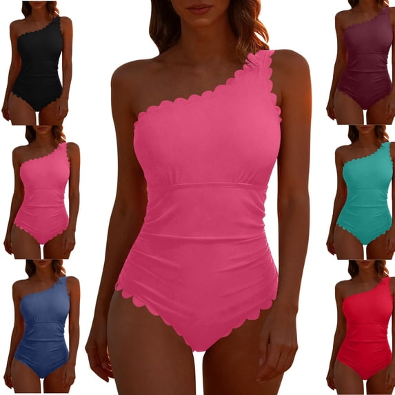 LEKWK One Shoulder Swimsuits for Women Scalloped Trim One Piece Bathing Suit Ruched Tummy Control Slimming Monokini Asymmetric Summer Beach Swimwear