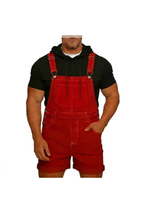 Overall Shorts for Men Durable Adjustable Strap Shortalls with Pockets Mid Rise Button Side Straight Leg Cuffed Hem Workwear ShortsCasual Outfits Red XL