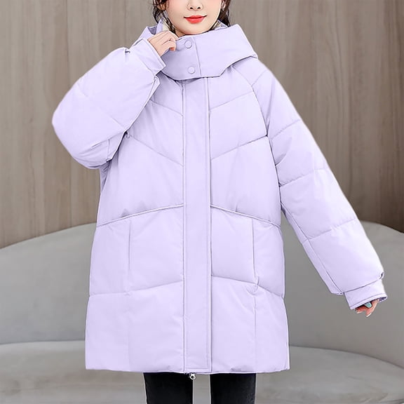 LEKWK Oversized Down Coats for Women Zip up Heavyweight Quilted Jackets Hooded Windproof Long Sleeve Casual Thermal Winter Coat with Pockets