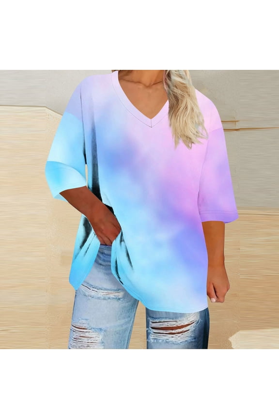 Oversized Tees for Women Tie Dye V Neck Elbow Sleeve Summer Tops Blue Watercolor Cloud Print Loose Fit Lounge Tunic