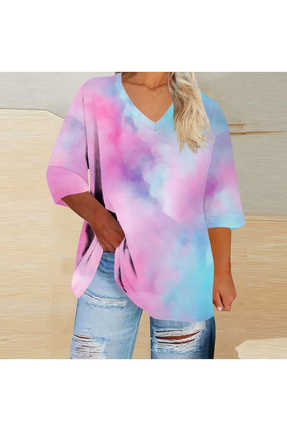 Oversized Tees for Women Tie Dye V Neck Elbow Sleeve Summer Tops Blue Watercolor Cloud Print Loose Fit Lounge Tunic