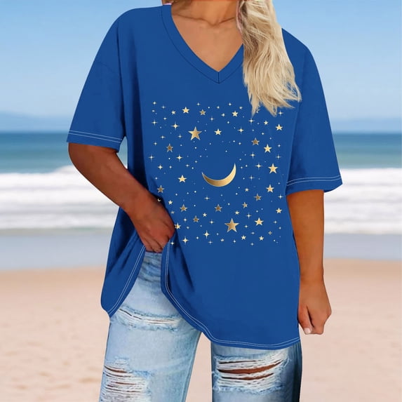 LEKWK Oversized Tshirts for Women Graphic V Neck Short Sleeve Casual Tops Loose Fit Soft Printed Basic Tees Fashion Beach Vacation Daily Wear