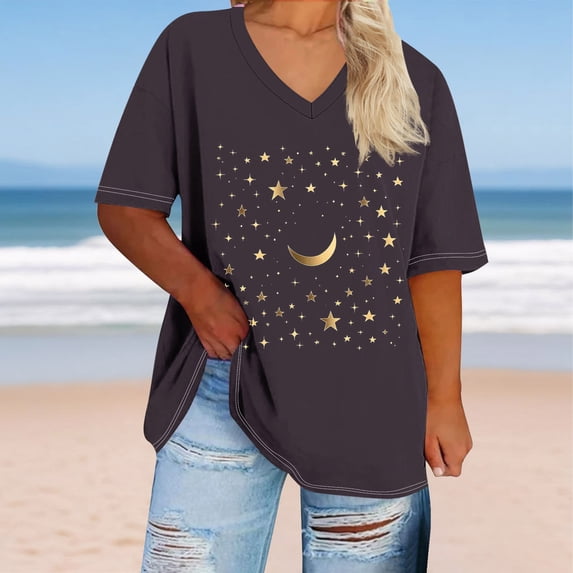 LEKWK Oversized Tshirts for Women Graphic V Neck Short Sleeve Casual Tops Loose Fit Soft Printed Basic Tees Fashion Beach Vacation Daily Wear