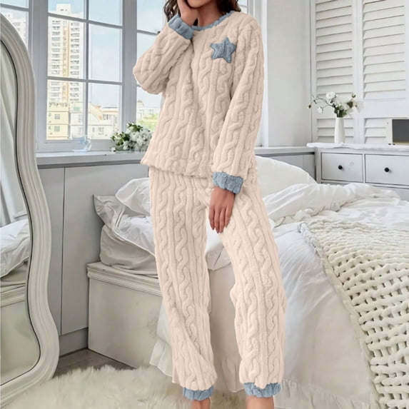LEKWK Pajamas for Women Set Thickened Fleece Long Sleeve Crewneck Top and Pants Fuzzy 2 Piece Loungewear Winter Warm Home Sleepwear