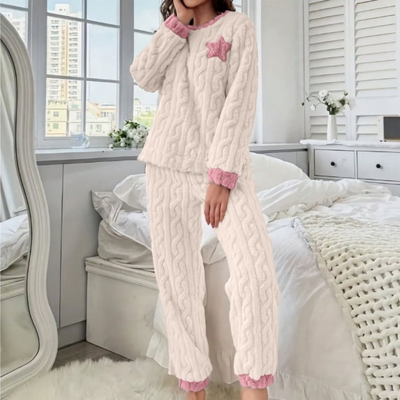 LEKWK Pajamas for Women Set Thickened Fleece Long Sleeve Crewneck Top and Pants Fuzzy 2 Piece Loungewear Winter Warm Home Sleepwear