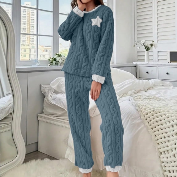 LEKWK Pajamas for Women Set Thickened Fleece Long Sleeve Crewneck Top and Pants Fuzzy 2 Piece Loungewear Winter Warm Home Sleepwear