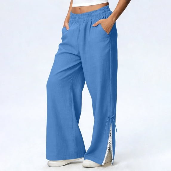 LEKWK Palazzo Pants for Women Plus Size Wide Leg Casual Straight Pants with Pockets Elastic High Waist Relaxed Fit Pants Lace Side Slit Drawstring Bottom Pants