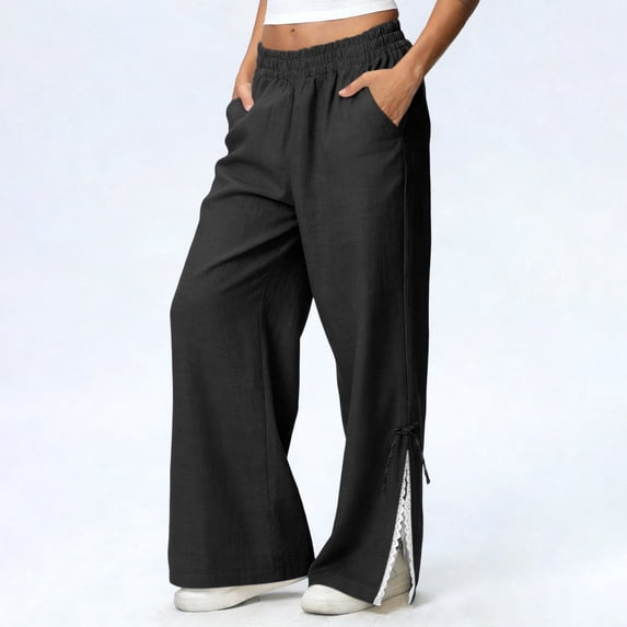 LEKWK Palazzo Pants for Women Plus Size Wide Leg Casual Straight Pants with Pockets Elastic High Waist Relaxed Fit Pants Lace Side Slit Drawstring Bottom Pants