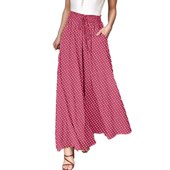 LEKWK Palazzo Pants for Women Loose Fit Polka Dot Print High Waist Wide Leg Pants Flowy Drawstring Casual Pants for Women for Summer Vacation
