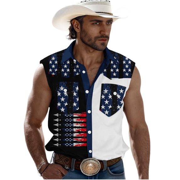 LEKWK Patriotic Shirts for Men Sleeveless Button Down Muscle Tank Tops American Flag Printed Loose Fit Casual Tops Summer Fashion 4Th Of July Shirts