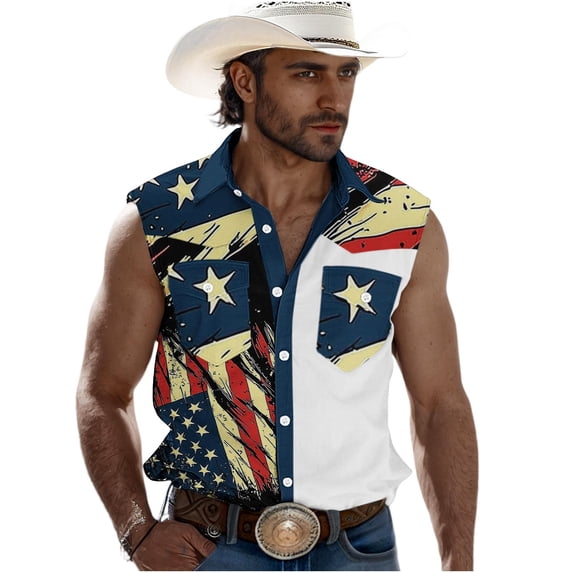 LEKWK Patriotic Shirts for Men Sleeveless Button Down Muscle Tank Tops American Flag Printed Loose Fit Casual Tops Summer Fashion 4Th Of July Shirts