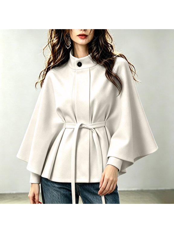 Pea Coats for Women Stand Collar Belted Waist Cape Jacket Elegant Batwing Sleeve Ponchos Fall Winter Casual Office Workwear Outerwear Beige M