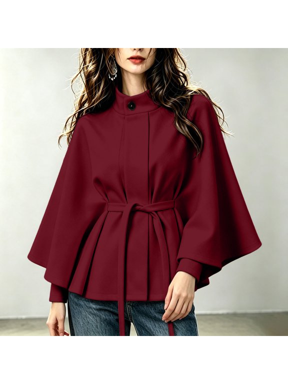 Pea Coats for Women Stand Collar Belted Waist Cape Jacket Elegant Batwing Sleeve Ponchos Fall Winter Casual Office Workwear Outerwear Red L
