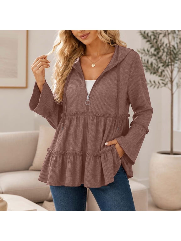 Peplum Jackets for Women Ruffle Tiered Hooded Zip up Cute Coat Lightweight Long Flare Sleeve Knit Loose Outerwear with Pockets L