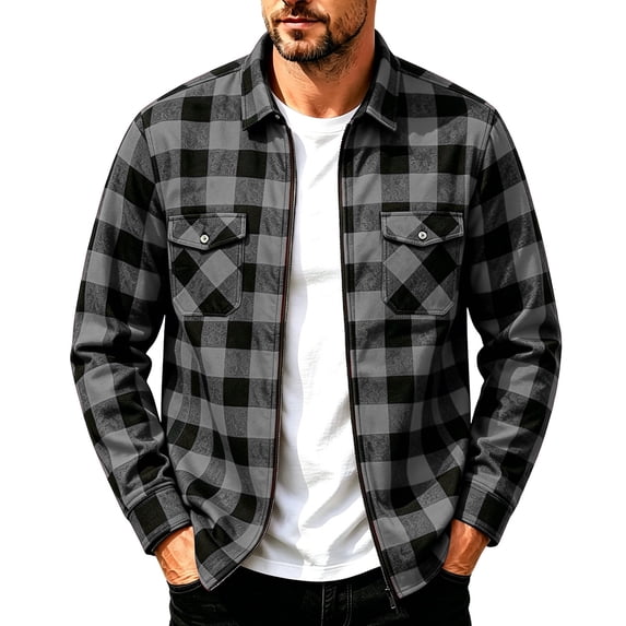 LEKWK Plaid Shirt for Men Full Zip Front Point Collar and Dual Flap Chest Pockets Long Sleeve Casual Shacket for Work Outdoor Travel Streetwear and Everyday Fall Layering