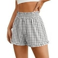 thumbnail image 1 of LEKWK Plaid Shorts for Women Gingham High Waisted Ruffle Hem Shorts with Pockets Loose Fit Elastic Waist Summer Lounge Beach Vacation Casual Wear Gray M, 1 of 6