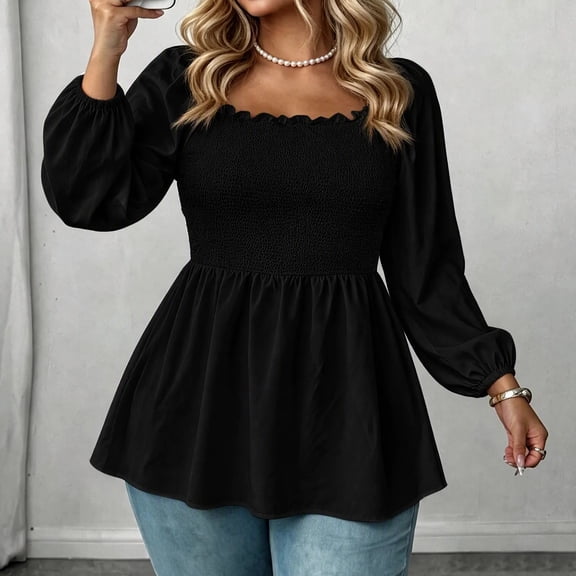 LEKWK Plus Size Babydoll Tops for Women Square Neck Long Puff Sleeve Peplum Tops Smocked Waist Pleated Cute Fall Vacation Partywear Black XL