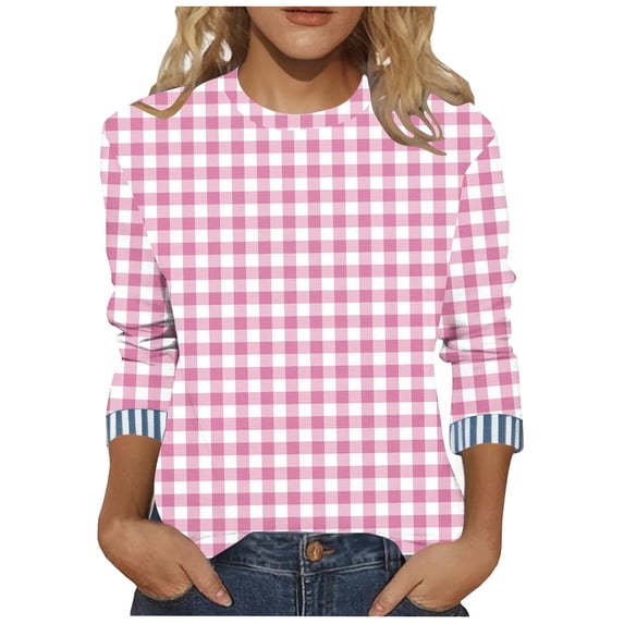 LEKWK Plus Size Cute Sweatshirts for Women Regular Fit Crew Neck Long Sleeve Shirts Regular Fit Gingham Plaid Pattern Sweatshirts Striped Trim Cuffs Daily School Outfits