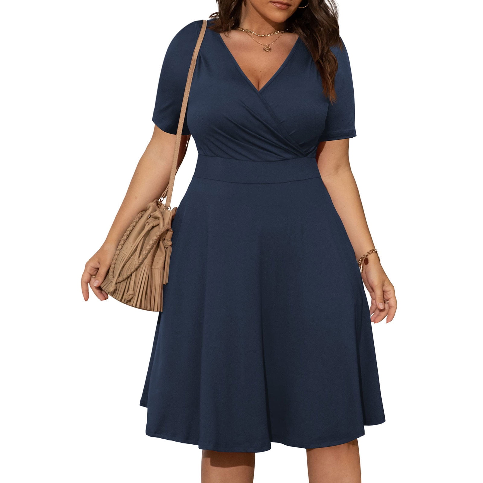 Lekwk Plus Size Dresses for Women Short Sleeve Wrap V Neck A-Line Dress Fit And Flare Knee Length Cocktail Dress Casual Elegant Party Daily Wear,