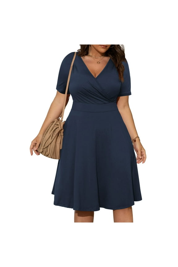 Plus Size Dresses for Women Short Sleeve Wrap V Neck A-Line Dress Fit And Flare Knee Length Cocktail Dress Casual Elegant Party Daily Wear