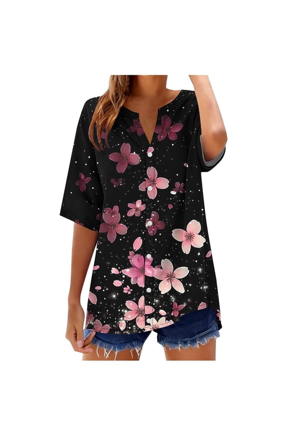 Plus Size Linen Blouses for Women Tropical Floral Print V-Neck Short Sleeve Tunic Tops Holiday Tops Blossom Graphic Side Button Beach Party Wear