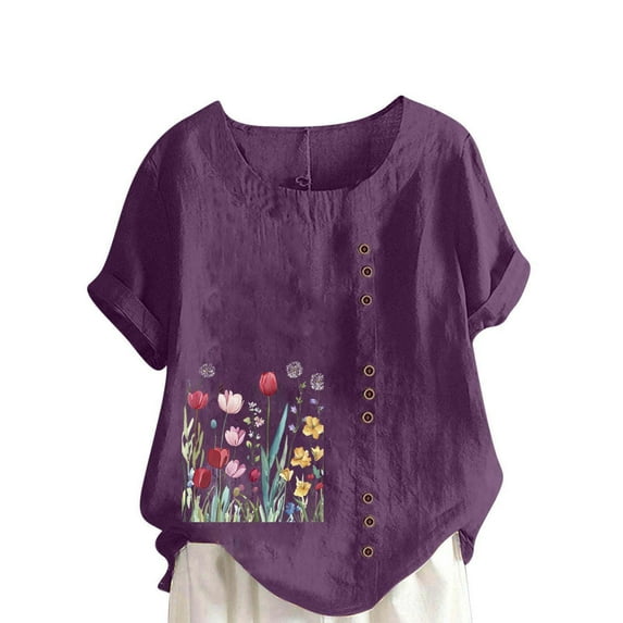 LEKWK Plus Size Linen Blouses for Women Tulip Floral Print Crew Neck Oversized Tees Summer Blouses Garden Graphic Side Button Spring Garden Outfits