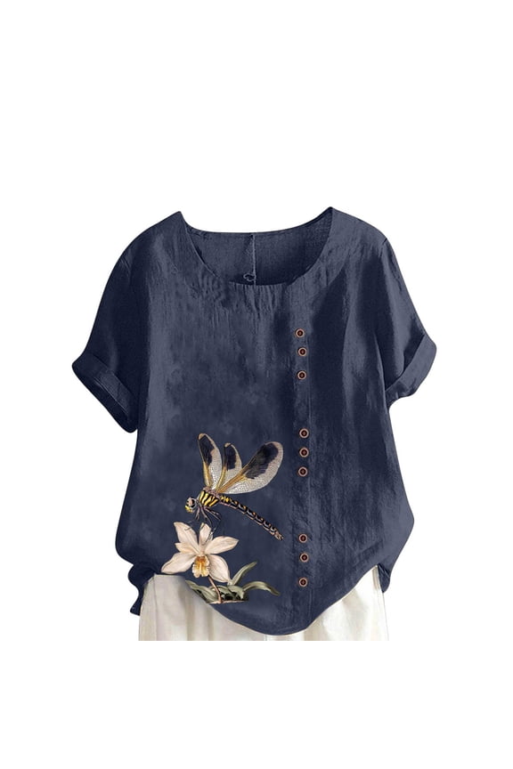Plus Size Linen Tops for Women Vintage Dragonfly Print Summer Blouses Rolled Sleeve Casual Tops Side Button Decor Round Neck Holiday Wear