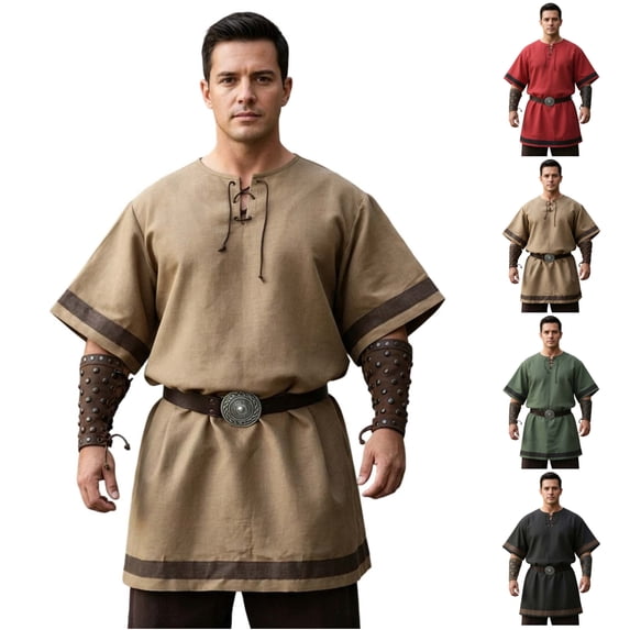 LEKWK Plus Size Medieval Shirt Men Short Sleeve Lace Up Renaissance Costume Breathable Loose Fit Viking Tops Halloween Costume,Size S-5XL