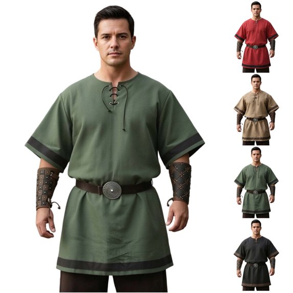 LEKWK Plus Size Medieval Shirt Men Short Sleeve Lace Up Renaissance Costume Breathable Loose Fit Viking Tops Halloween Costume,Size S-5XL