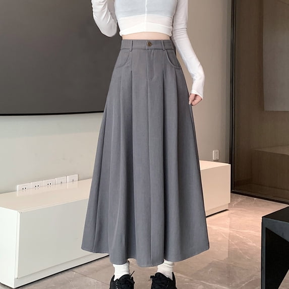 LEKWK Plus Size Skirts for Curvy Women A-Line Maxi Skirt High Waisted Work Skirt Side Pockets Solid Color Elegant Formal Office Workwear